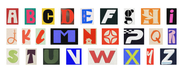 Retro style alphabet collage, colorful cut-out letters PNG transparent