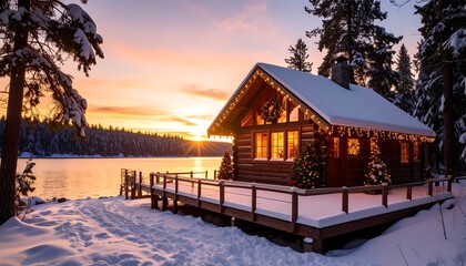 Snowy cabin at sunset on a lake