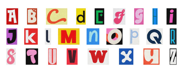 Retro style alphabet collage, colorful cut-out letters PNG transparent