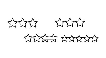 Customer satisfaction rating five star review score icons line of four stars above a row of three stars vector