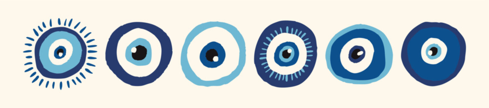 Set of hand drawn blue evil eye symbols. Protection amulet and spiritual concept. Flat vector illustration. Amulet symbols in Turkish, Greek, and Middle Eastern style talismans for protection 