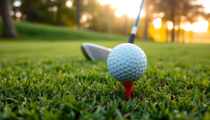 Golf ball on tee with club in background on green grass.