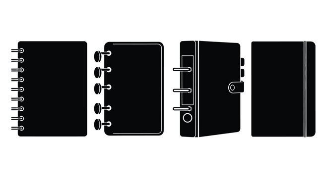 Set of black spiral bound notebooks and journals from multiple angles vector