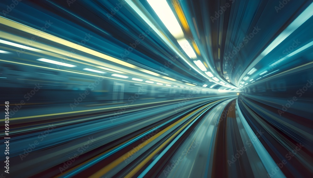 Poster abstract motion blur effect of a train traveling at high speed through a futuristic tunnel.