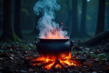 A bubbling cauldron over a crackling fire, ominous steam rising, suggesting a witch's brewing Perfect for Halloween, fantasy, or mystical themes Intriguing and atmospheric , spell, hobgoblin