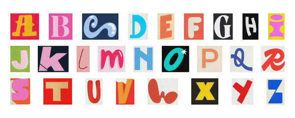 Colorful cut-out alphabet letters set, PNG isolated collage typography