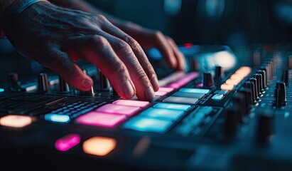 DJ hands actively mixing music on illuminated electronic performance controller.