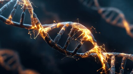 Digital artistic representation of DNA molecules featuring double helix structure with vibrant glowing connections,