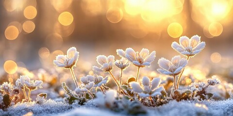 Delicate frost-covered plants bathed in the warm glow of a golden sunrise- creating a serene and dreamy atmosphere. The bokeh lights in the background add a magical touch to the composition