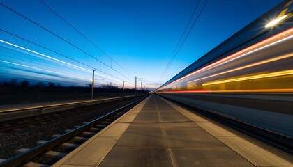 A high-speed train blurs past a deserted train station platform at dusk, with streaks of light indicating its rapid movement.