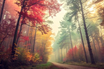 Misty autumn forest pathway with vibrant red, orange, and yellow foliage, early morning fog, and sunlight filtering through tall trees – serene fall nature landscape with peaceful mood.