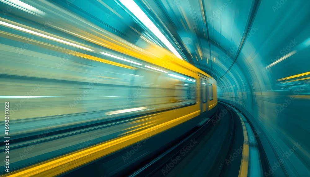 Poster fast train moving through a tunnel with motion blur.