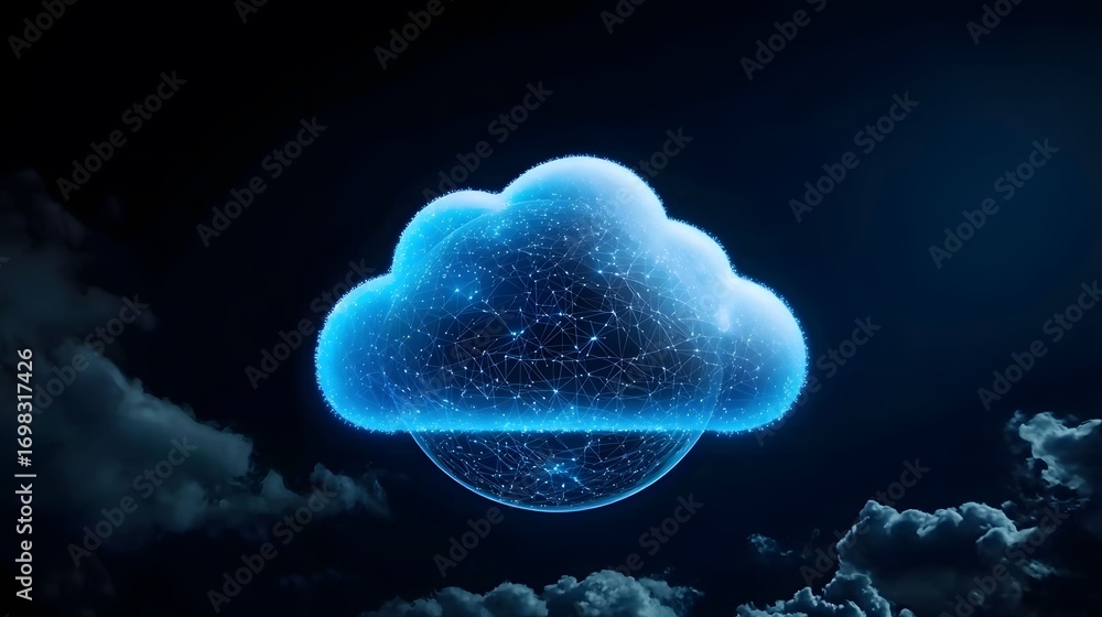 Poster a vibrant digital cloud, composed of interconnected nodes and lines, hovers dramatically above a dar