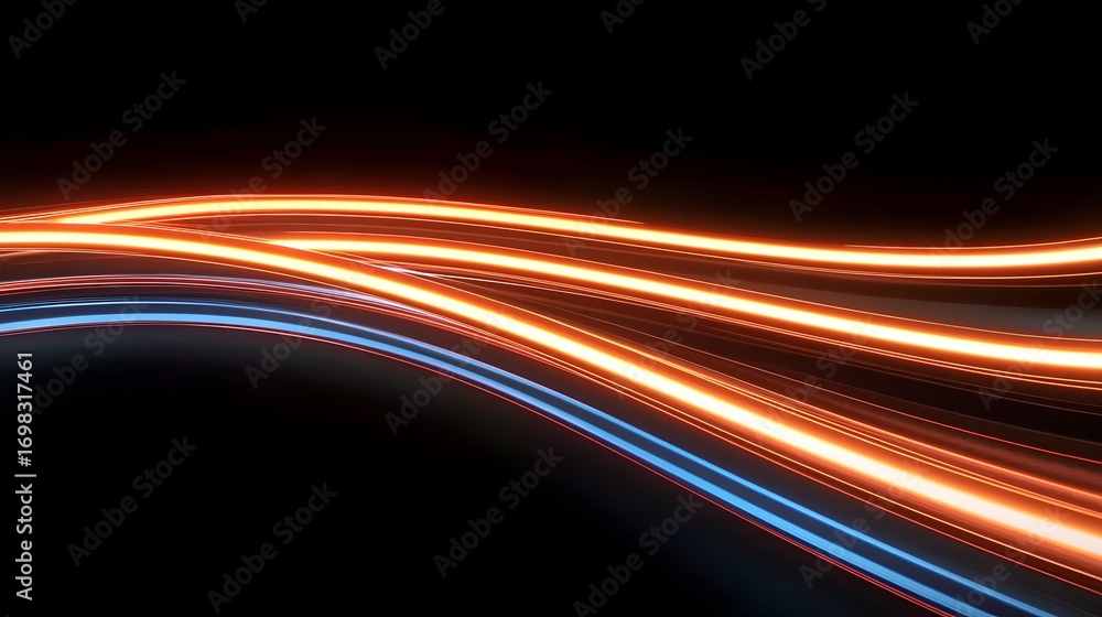 Poster the image showcases abstract, wavy lines of brilliant orange and blue light set against a stark blac
