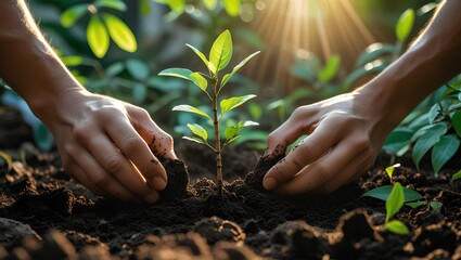 Fototapeta premium Hands planting a small tree seedling in rich soil surrounded by lush greenery, with sunlight filtering through leaves, symbolizing eco-friendly and sustainable living. Great for environmental and natu