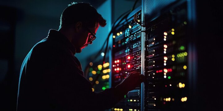 A silhouette of a technician working on hardware inside a dimly lit server room. The glowing lights from the server racks highlight the technological environment and critical operations