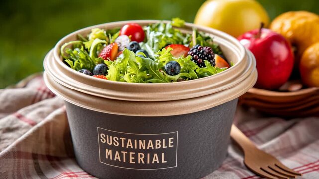 Fresh salad in compostable container made from sustainable material, featuring vibrant greens and colorful fruits for eco friendly dining experiences