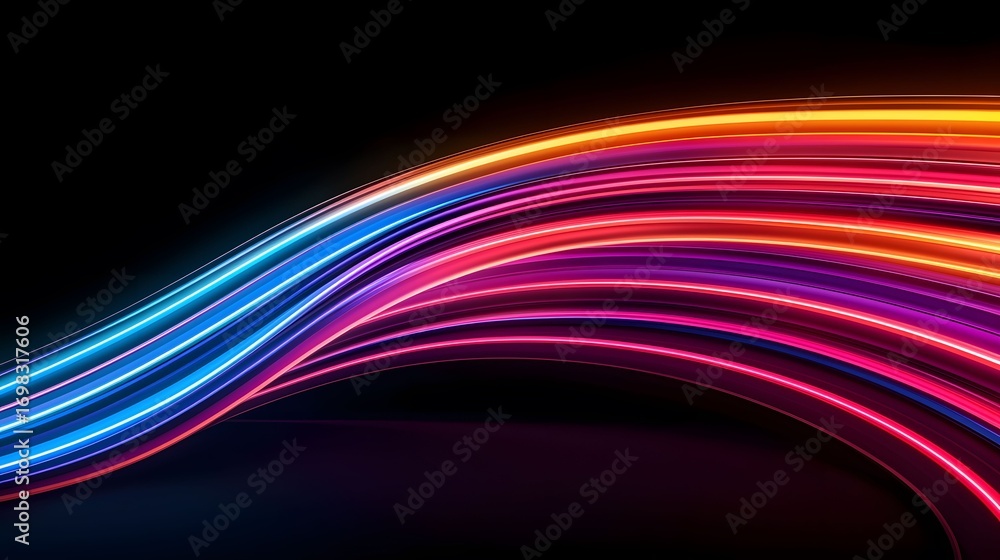 Poster this image shows an abstract design with bright, colorful, neon-like lines curving across a dark bac