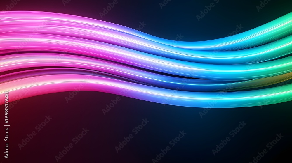 Poster the image shows a set of vibrant, flowing lines that transition through a spectrum of colors, from p