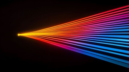 The image displays a series of radiant, parallel lines emanating from a central light source, transitioning from warm oranges and reds to cooler blues and purples against a dark background.