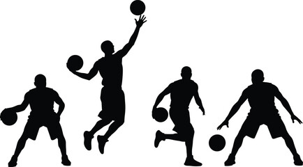 Basketball player silhouette set, dribbling, shooting, dunking, basketball action poses, sports vector, athletic player, basketball game movements