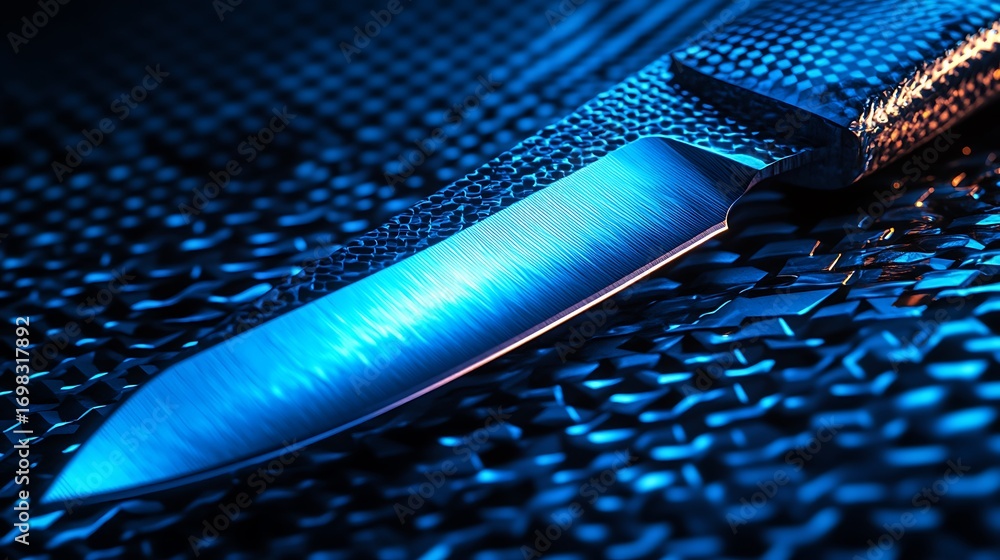 Poster close up extreme detail of a sharp metallic knife blade with a textured handle illuminated by vibran