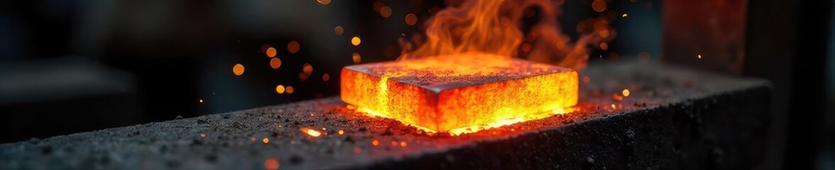 A close-up shot of a glowing orange steel workpiece being expertly heated in a forge, sparks flying, demonstrating the process of heat treating metal ,  artisan,  blacksmith