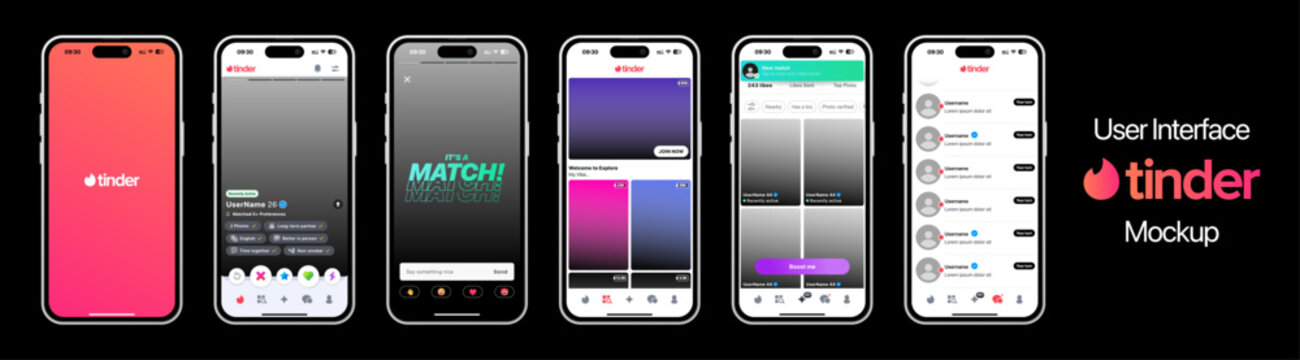 Tinder template UI 2025 update in light mode displayed on iPhone 17 mockup. Editable vector design for dating app screens, social media branding, and digital content projects.