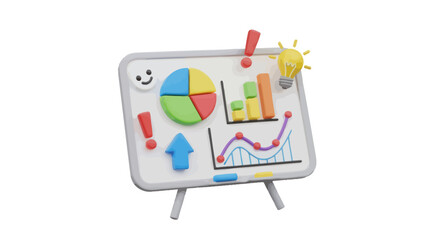 Colorful 3D Render of Business Charts on Whiteboard.