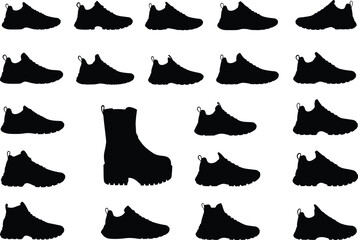 Black shoe silhouette collection, sneaker and boot vector, footwear design, casual shoes icons, fashion shoe set, trendy shoe silhouettes