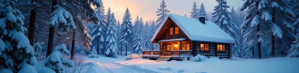 A cozy cabin nestled deep within a snowy forest, hidden from the harsh winter winds The scene evokes a sense of warmth and seclusion, perfect for a winter escape , frozen, trees