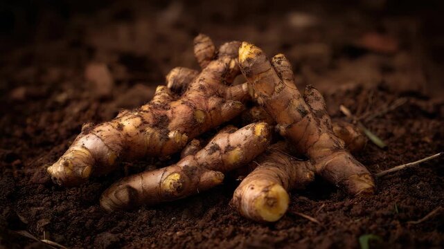 Pile of Freshly Harvested Yellow Ginger Rhizomes Displayed on Dark Brown Soil with Subtle Lighting