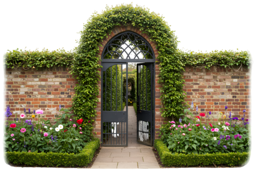 Elegant Garden Gate A Brick Wall Oasis isolated on transparent background