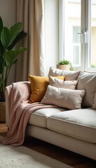 Cozy Living Room Relaxation Plush Couch with Soft Blankets and Pillows, Perfect for Rest and Recuperation