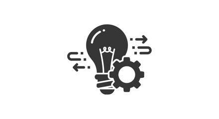 Innovation and implementation glyph icon featuring a lightbulb, a gear, and process arrows.