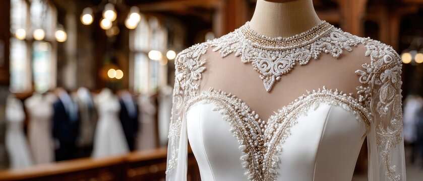 Close-up view of a detailed lace dress showcasing beadwork and embroidery. Soft lighting enhances its luxurious textures and design