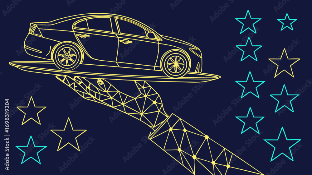 Poster hand holding car on plate in abstract vector style, showcasing modern design with geometric lines an