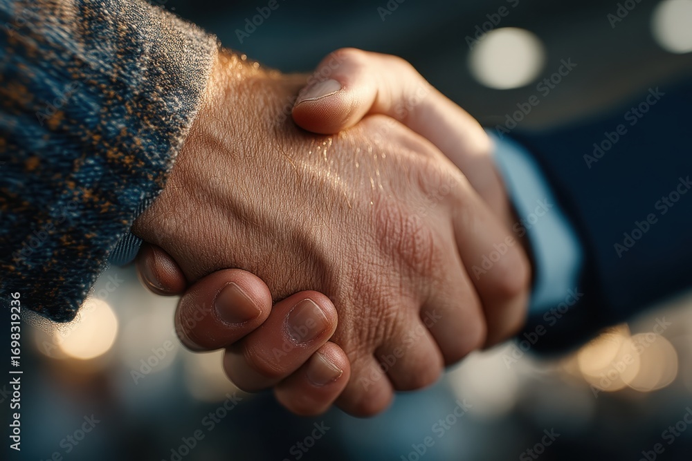 Poster close-up of two hands shaking in a business setting with blurred background