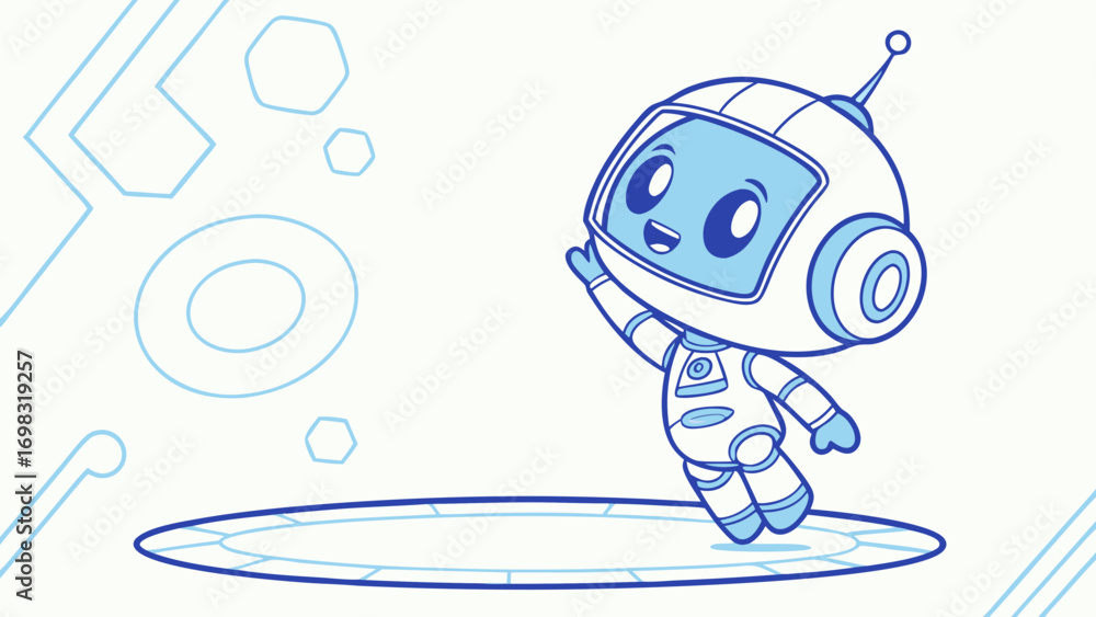 Poster cute cartoon robot character with friendly expression, wearing space helmet and waving. design featu