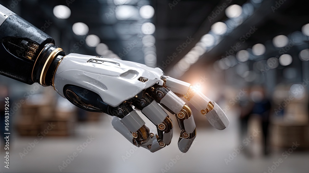 Poster close-up view of a robotic hand holding industrial tools, illustrating precision and innovation in a
