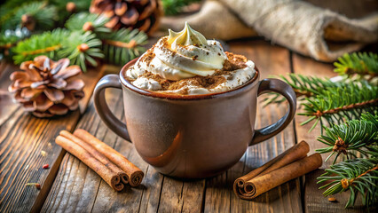 Winter hot chocolate with cinnamon and whipped cream