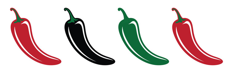 Hot natural chili pepper symbols. Set of red green and black spicy chili peppers. Spicy and hot. Vector illustration