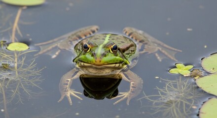 Obraz premium A vibrant green frog rests serenely in a tranquil pond, its reflection mirroring its placid demeanor. The calm water and aquatic plants create a peaceful atmosphere.