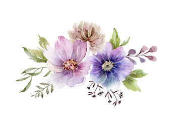 Bouquet of pink and lilac flowers, isolated watercolor hand drawn illustration
