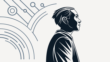Stylized illustration of profile view of man with modern abstract background, conveying sense of innovation and creativity