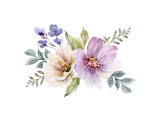 Bouquet of delicate flowers and plants, isolated hand drawn watercolor illustration