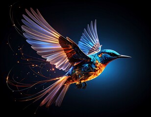 Obraz premium A vibrant, digital hummingbird in flight, showcasing intricate design