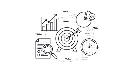Business Performance Indicators - Target, Chart, KPI, Clock, Magnifying Glass, and Document.