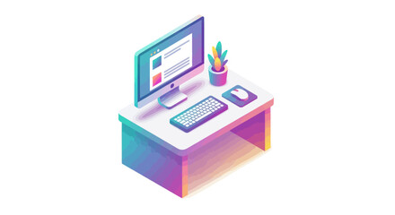 Modern Isometric Desktop Workspace with Computer and Plant.