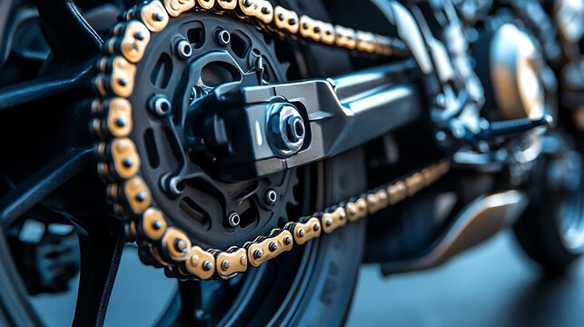 Close up detailed view of a motorcycle s golden drive chain and rear sprocket assembly for power transmission